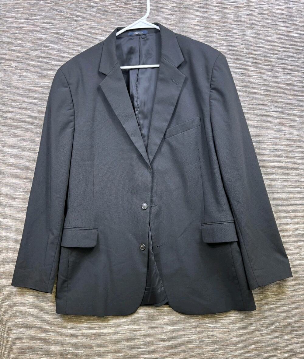 Lands' End Wool Blend Blazer Suit Coat Jacket Mens 44L Black Two Button Lined